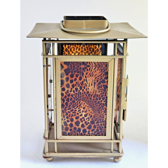 CANDLE HOLDER/Gold Tone-Leopard Glass Sides, Handle to Hang, Latch Door - Picture 1 of 11